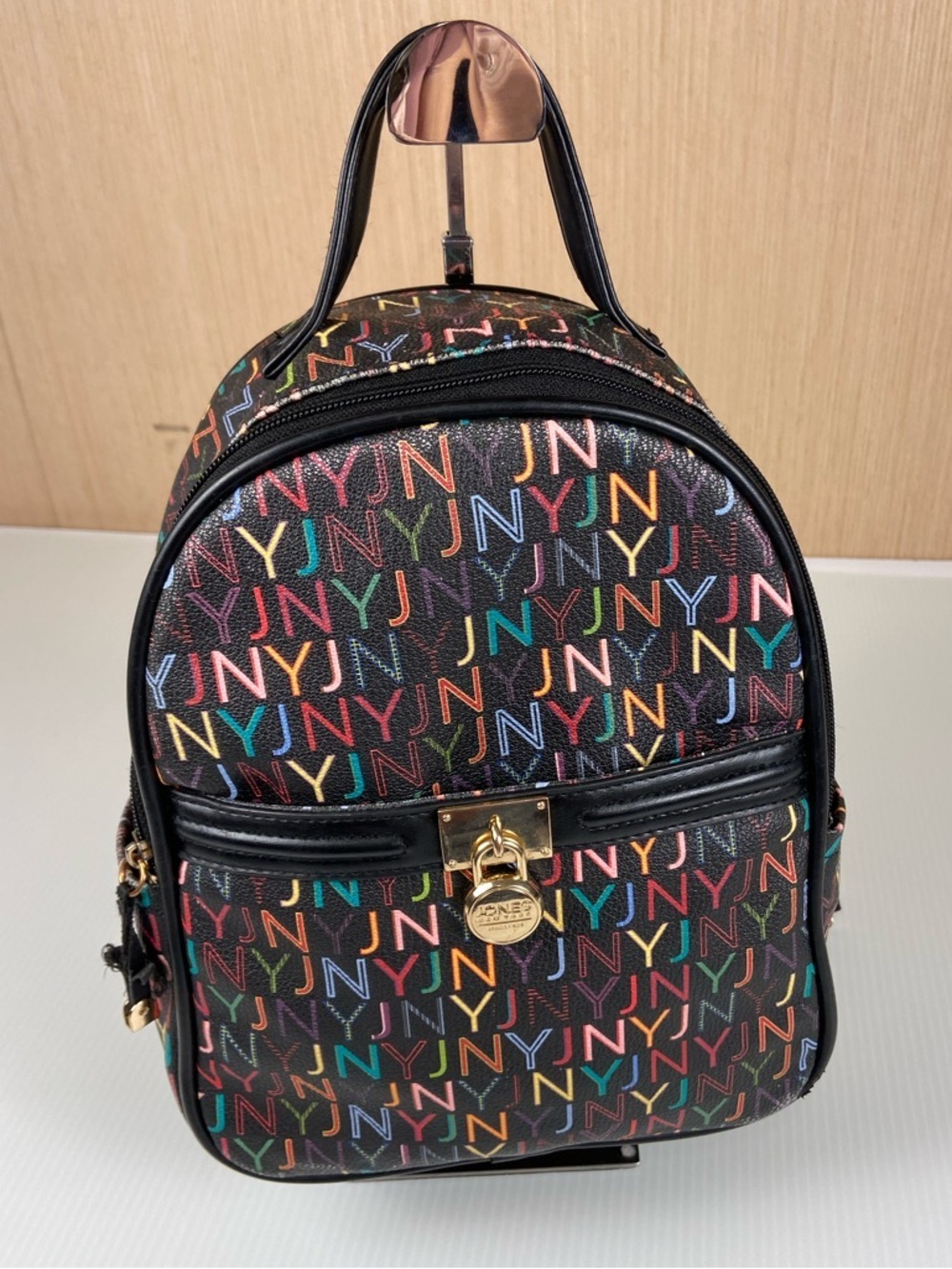 Jones New York Mini Backpack Multicolor Logo Print PVC Small Bag Y2K